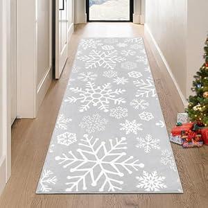 ROYHOME Christmas Runner Rug 2x10 Feet Xmas Snowflake Pattern Hallway Area Rug Holiday Decorative Accent Rug Runner Machine Washable Non-Slip Floor Cover Carpet for Kitchen Laundry Bedroom, Gray