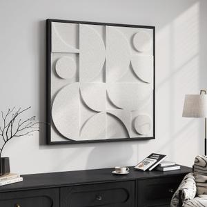Large 3D Textured Framed White Abstract Wall Art for Living Room, Modern Geometric Sandstone Texture Paintings Artwork for Walls, White Minimalist Pictures for Bedroom Hallway Wall Decor 30x30 In