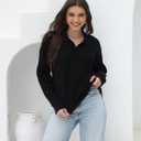 Women's Polo Sweater V Neck Long Sleeve, Pullover Knit Sweaters for Women Lapel Collar (Black, L)