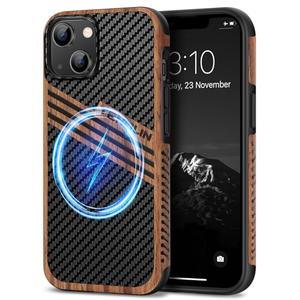 TENDLIN Magnetic Case Compatible with iPhone 14 Case Wood Grain with Carbon Fiber Texture Design Leather Hybrid Slim Cover (Compatible with MagSafe) Three Stripe