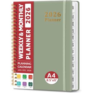 2026 Planner, Weekly and Monthly Calendar Planner, January 2026 - December 2026, Hardcover 2026 Calendar Book with Tabs For Women & Men, Inner Pocket, Spiral Bound, Perfect for Office Home School Supplies - A4 (8.5" x 11"), Green