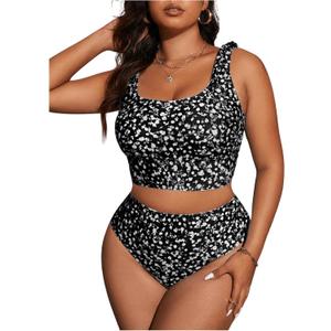 OYOANGLE Women's Plus Size Two Piece Tankini Swimsuit Scoop Neck Tie Shoulder Bathing Suit High Waisted Beachwear (XX-Large Plus, Black and White)