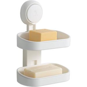 LEVERLOC Soap Dish Holder for Shower Double Layer Suction Cup Wall Mounted NO-Drilling Self Draining Removable Waterproof Strong Suction Bar Soap Sponge Holder for Shower Bathroom Bathtub Kitchen