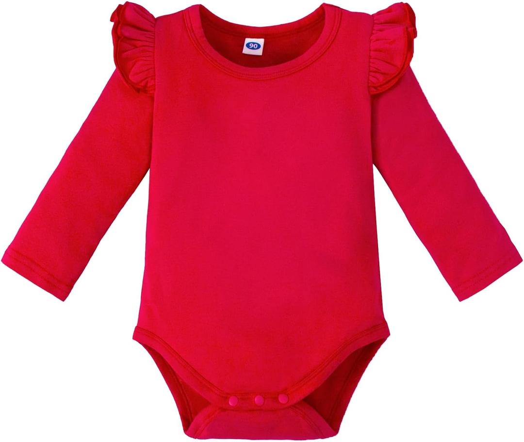 Magic Park 0-24M Infant Girl Romper Baby Girls Solid Color Bodysuit Toddler Ruffle Jumpsuit Shirts Casual Tops Baptism Shirt (0-3 Months, Long_red)
