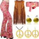 Haull 7 Pcs 60s 70s Outfits for Women Hippie Costume Set Boho Flared Pants Fringe Vest Peace Sign Accessories Set (Large)