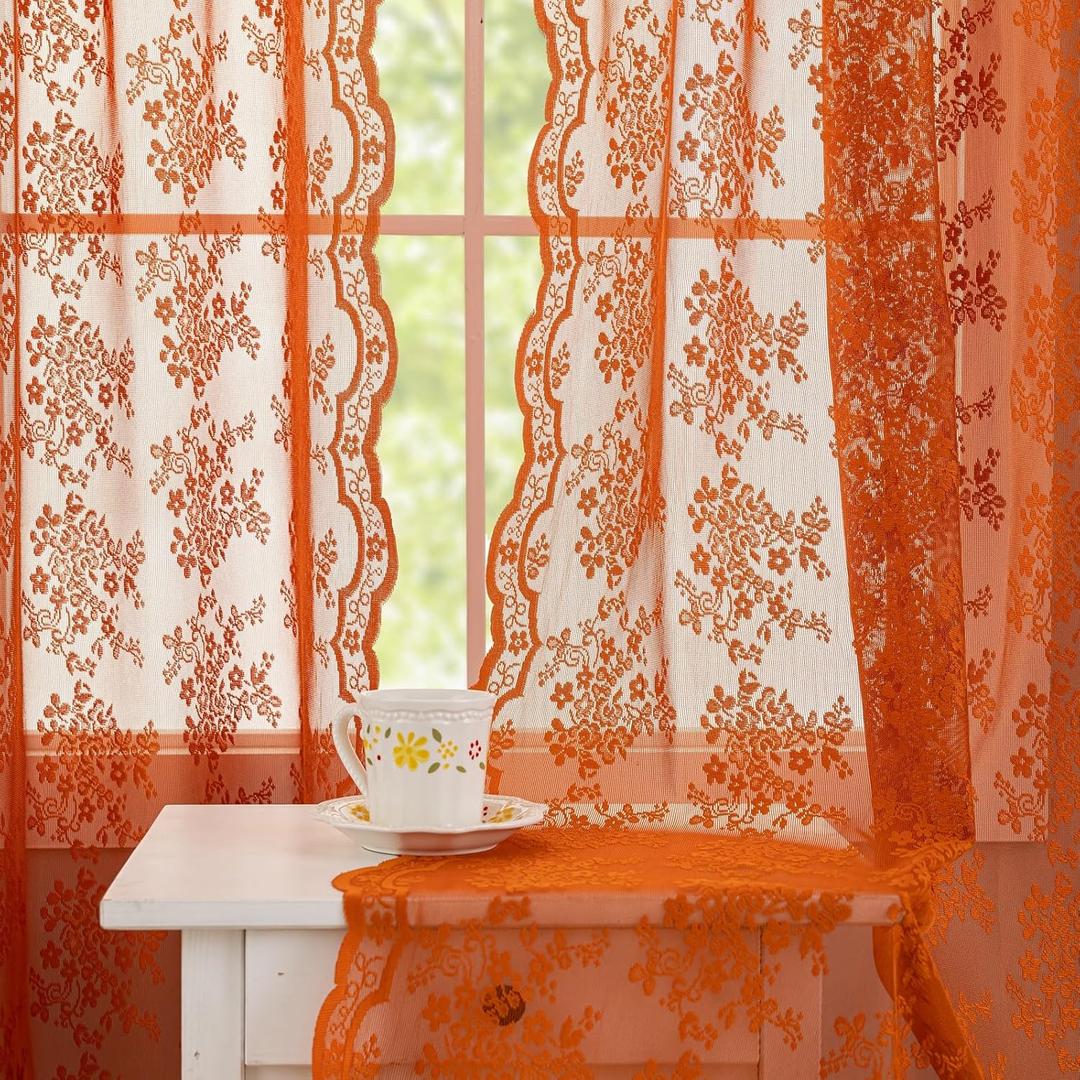 Burnt Orange Sheer Curtains 63 Inches Length Boho Terracotta Curtains for Bedroom 2 Panels Rod Pocket Vintage Farmhouse Style Voile Drapes for Kitchen Nursery Halloween Fall Decor 52x63 Inch