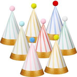 40 Pcs Birthday Party Hats Adult Pastel Cone Hats Bulk Pom Pom Lovely Stripe Headwear with Elastic String and Glue for Party Anniversary Jamboree Photo Props Decorations