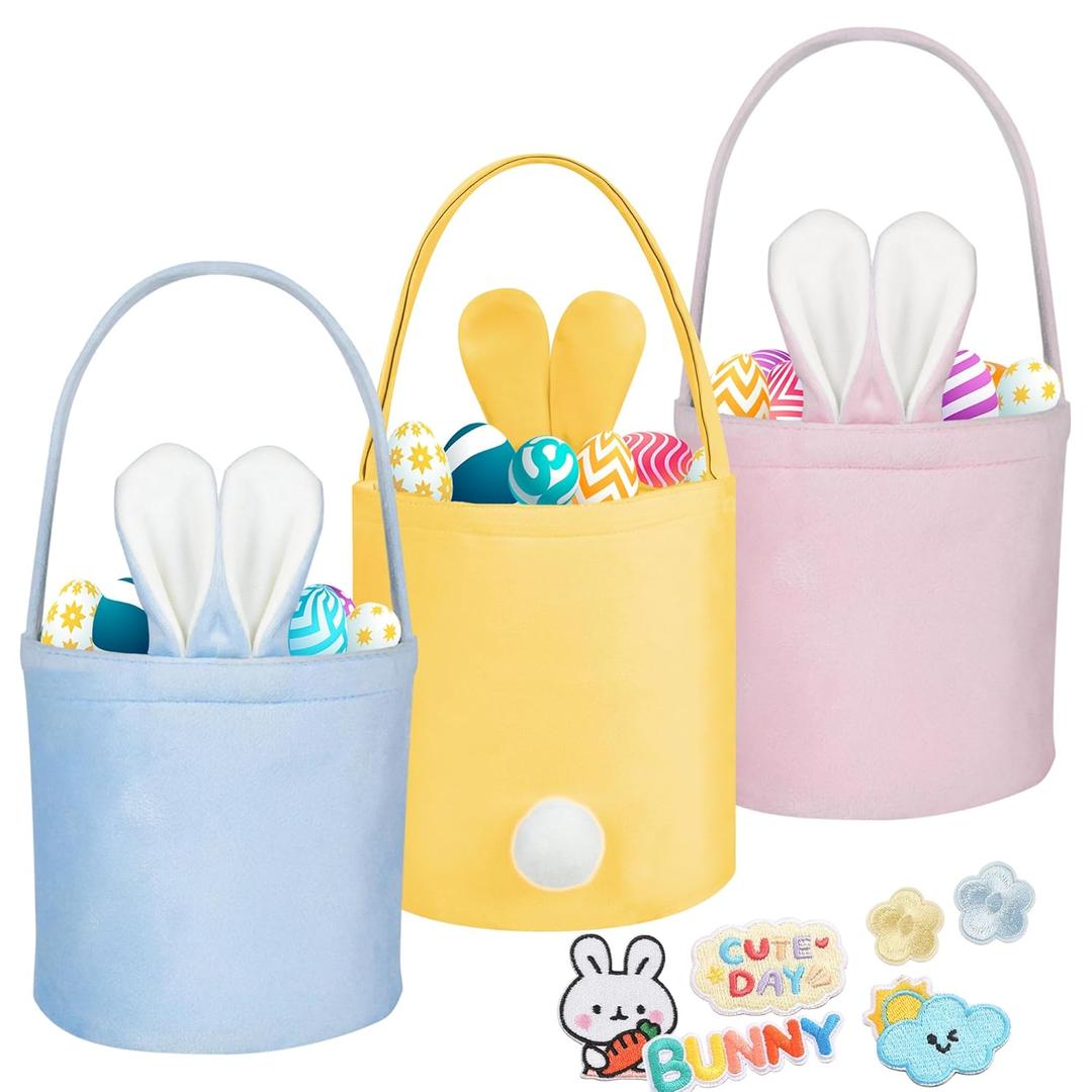 Easter Baskets for Kids, Bunny Easter Basket Set 3-Pack for Egg Hunt, Reusable Velvet Easter Basket with Bunny Ears for Easter Games, Party Gifts & Spring Decoration (Blue, Pink, Yellow) (8.8" x 7.5" x 5.8")