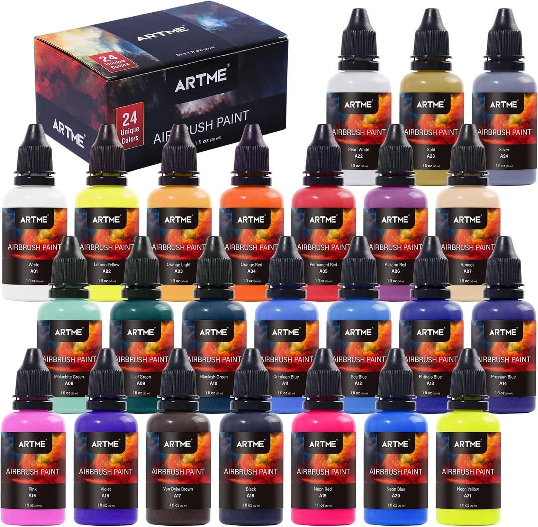 ARTME Airbrush Paint, 24 Colors Airbrush Paint Set Include Metallic and Neon Colors, Opaque & Water Based, Leather & Shoe Airbrush Paint Kit for Artists, Beginners, and Students