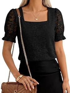 ANRABESS Womens Dressy Casual Blouses 2026 Summer Work Shirts Lace Square Neck Puff Sleeve Tee Tops Spring Fashion Clothes Black Large