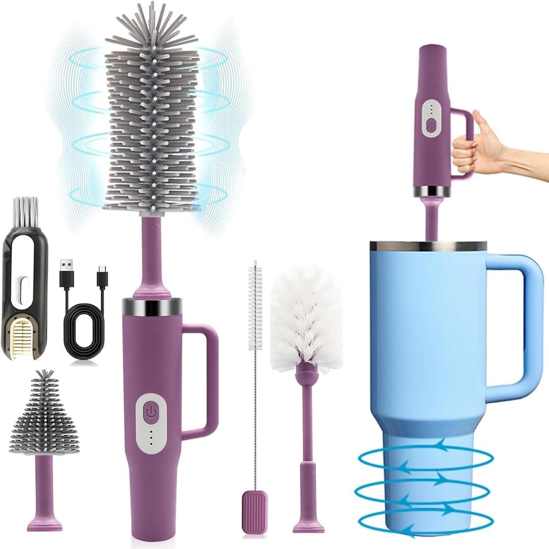 5 in 1 Electric Bottle Brush Cleaner Compatible Stanley Bottle Brush Straw Cleaner Multifunction Rechargeable IPX6 Waterproof Extra Long Design for Stanley Cup, Sports Bottle and More (Purple-1)