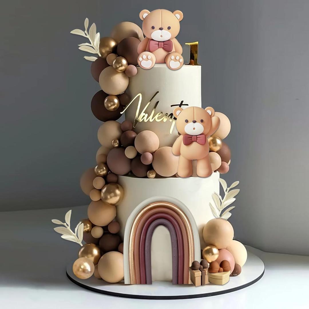 33Pcs Bear Cake Topper Boho Rainbow Cake Decorations with Beige Brown Bears Pearl Balls Rainbow Cake Pick for Boy Girl Baby Shower Gender Reveal Wedding Birthday Party Supplies