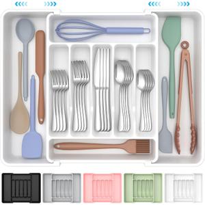 Ukeetap Extra Large Expandable Silverware Organizer, BPA-Free Food-Safe Cutlery Flatware Organizer, Kitchen Utensil Drawer Organizer, Adjustable Silverware Holder for Spoons Forks Knives, White