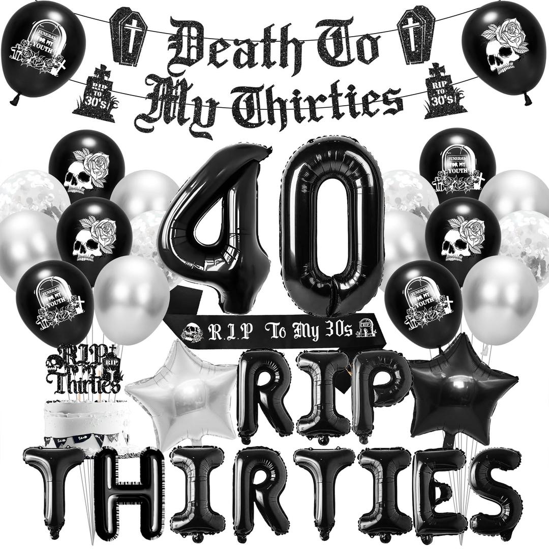 Death to My 30s Decorations, Rip to My 30s Party Supplies Set with Banner Sash Cake Topper Balloons, 40th Birthday Gothic Theme Party Decor for Women Men (Black,Silver)