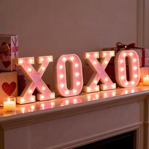 Light up Letters Valentine's Day LED Marquee Letter Lights, Glitter Pink Light Up Letters Sign for Valentine's Tabletop Decor Fireplace, Bedroom, Wedding, Anniversary XOXO
