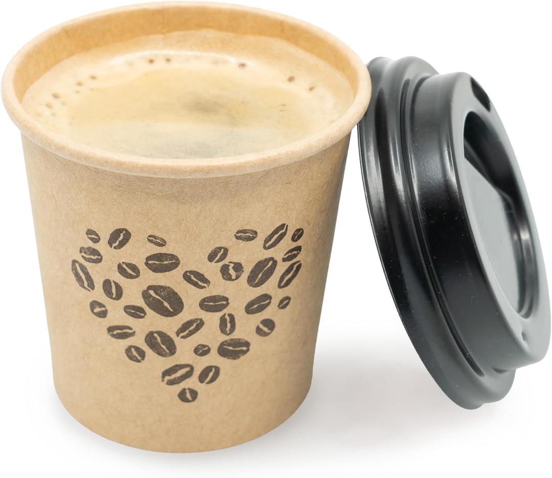 Disposable Espresso Cups with Lids - 4 Oz - 50 Sets - Kraft Coffee Print - Small To Go Paper Cups with Tops for Home Office or Party