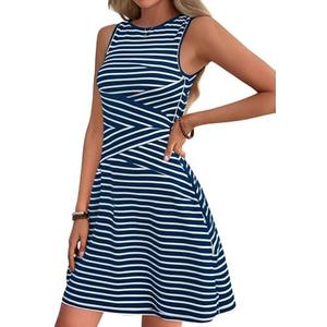 Verdusa Women's Casual Dresses 2025 Sleeveless Striped Mini Dress High Waisted A Line Bodycon Dresses M Blue