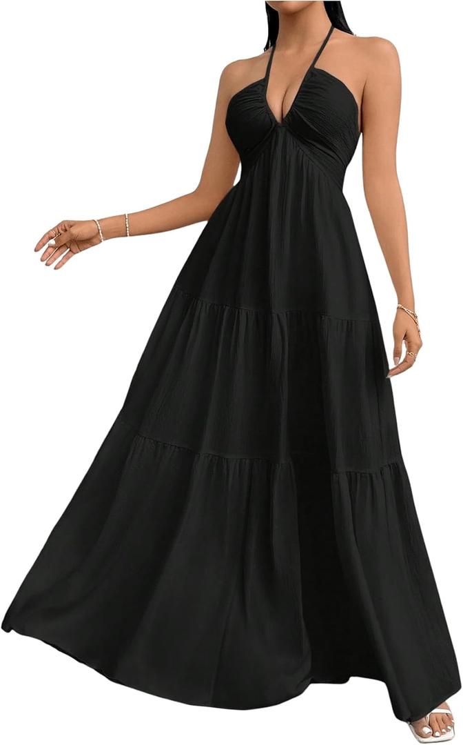 SHENHE Women's Deep V Neck Tie Knot Backless Halter Dress A Line Flowy Ruffle Maxi Dress, Black, Large