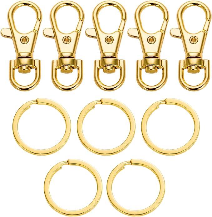 5 Set Key Chain Flat Key Rings Women Metal Swivel Clasps Snap-On Keychain Ring Hook Spring Clip Snap Hook Lobster Clasp for Keys, Lanyards Jewelry Findings, Round Edge, Gold