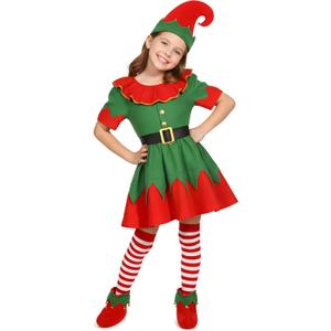 Kids Christmas Elf Costume for Girls Holiday Elf Costume Dress with Elf Hat (7-8 Years)