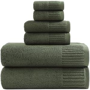 YTYC 27.5x55 Inches Luxury Bath Towels Set of 6 Large, 100 Percent Cotton 650GSM Super Absorbent Soft Shower Towels for Bathroom (Olive Green,6 PCS)