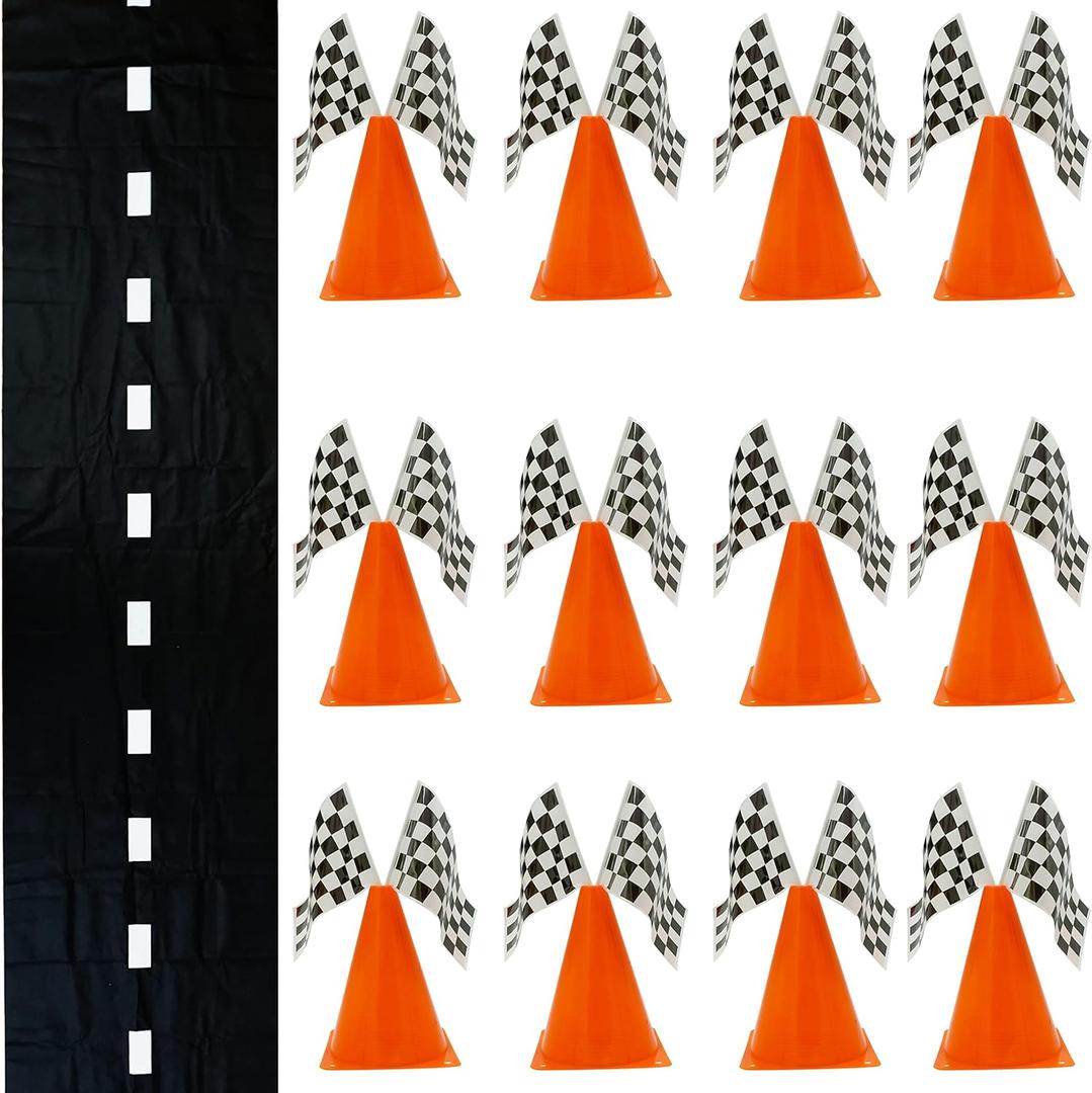 4E's Novelty 38 Pieces Set - 12 Traffic Cones With Hole on Top, 24 Checkered Flags, Racetrack Floor Runner - for For Race Car Birthday Party Supplies, Table Centerpiece Decorations Kids Gift