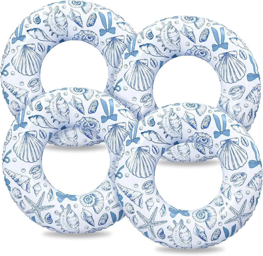 4 Pcs 31.5 Inches Inflatable Pool Floats Blue Coastal and Bows Pool Tubes Durable Swim Rings for Summer Interactive Water Play Accessories Beach Swimming Party Supplies for Adults