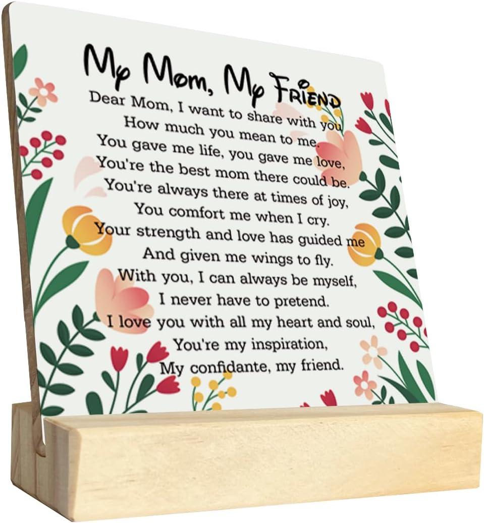 4 x Gift for Mom from Daughter or Son - "My Mom, My Friend" Plaque with Wooden Stand, Meaningful Wood Sign Plaque, Gifts for Mom, Mothers Day, Valentines Day, Mother of the Bride, Mother of the Groom B1
