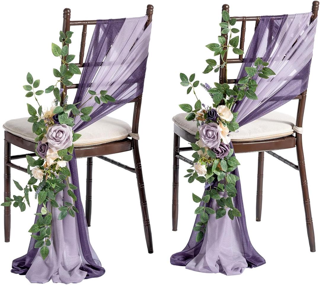 Ling's Moment 8 Wedding Chair Decorations Aisle Pew Church Artificial Flowers Greenery Swag Lilac Purple Gold Bench Ceremony Reception Floral Faux Backdrop Rose Arrangements Party Outdoor Decorations