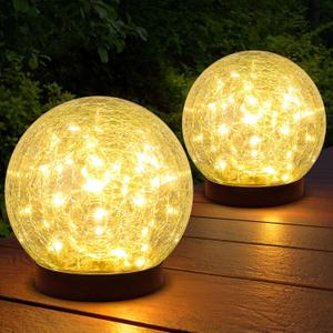 2-Pack Garden Solar Lights Outdoor, Cracked Glass Ball Light Waterproof, Decorative Solar Globe Lights Warm White for Yard Pathway Patio Lawn