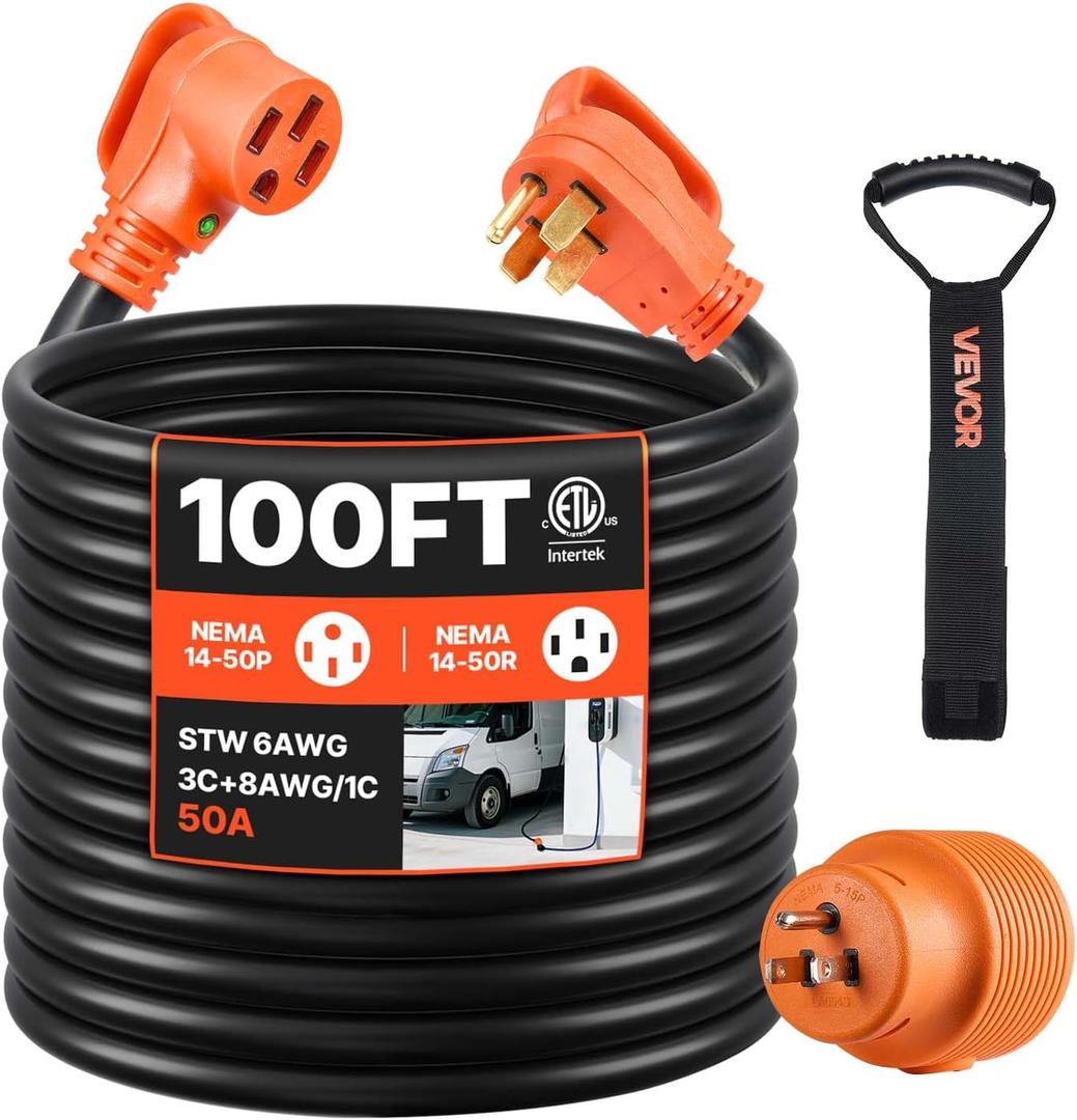 VEVOR 100 FT RV Extension Cord, 50 Amp, 125V 7500W Heavy Duty STW 6/3 + 8/1 Gauge Wire, NEMA 14-50P Male NEMA 14-50R Female Plug, with LED Indicator, Handle, 15A Adapter, for RV Trailer, ETL Listed