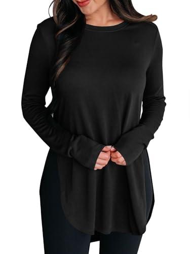 BZB Womens Long Sleeve Tunic Tops Fall Casual Crew Neck Side Split Hi-Low Hem Loose Shirts To Wear With Leggings Black, XXL