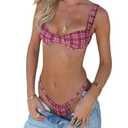 RoseSeek Women's 2 Piece Bikini Sets Plaid Swimsuits Thong Bikini Sets Preppy Beachwear Bathing Suit Burgundy Medium (Pink, M)