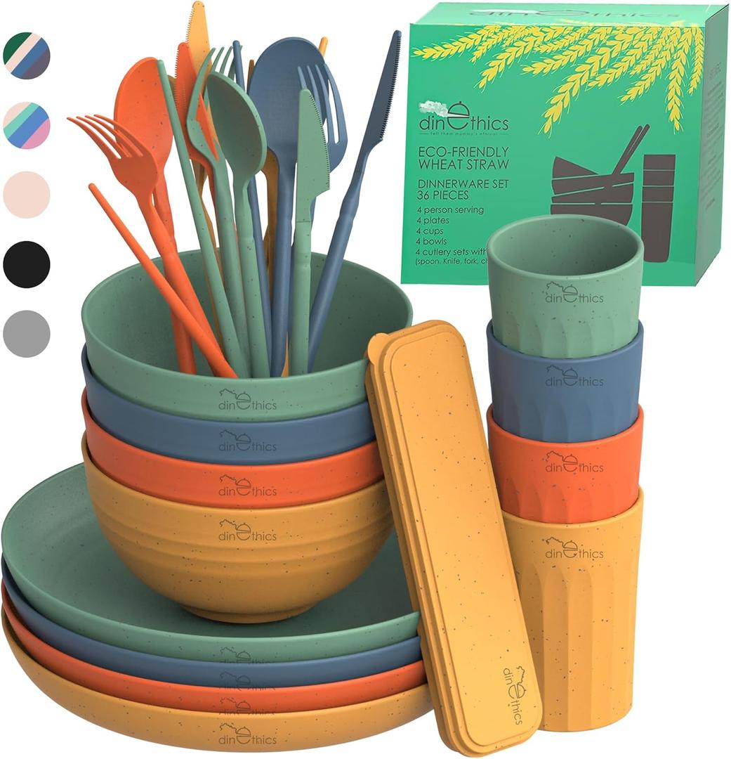 Wheat Straw Dinnerware Sets For 4 - Camping Plates Cups And Bowls Set - Dishwasher Microwave Safe Dishes - Alternate To Plastic Dinnerware Set - Wheat Straw Plates And Bowls Sets - RV Dishes (Multicolor)