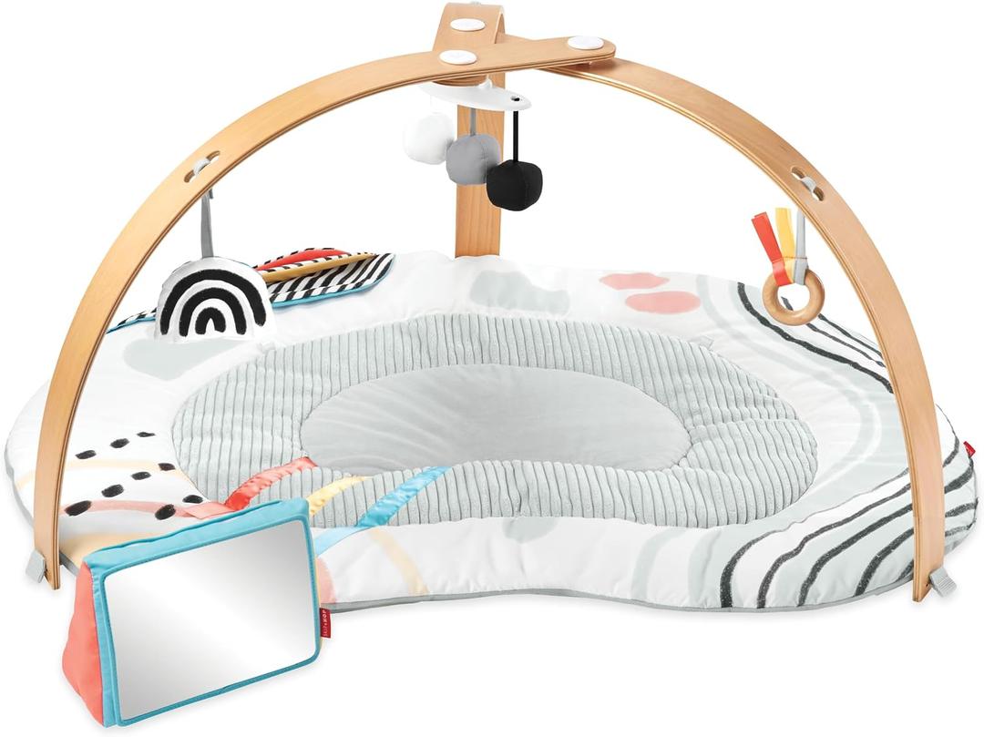 Skip Hop Baby Play Gym Montessori-Inspired 3-in-1 Sensory Tummy Time Activity Mat with 25+ Developmental Activities 4 Toys and 5 Parent Guide Cards with Stage-Based Activities Discoverosity Age 0-2y, 42L x 33.5W x 19H