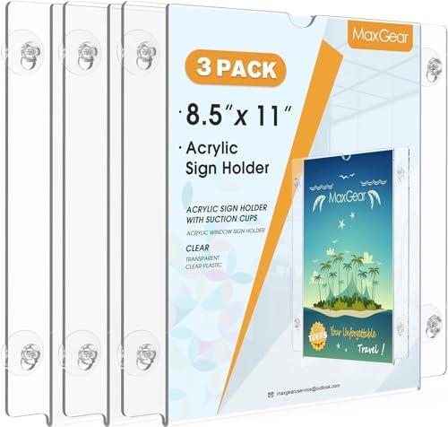 MaxGear Acrylic Sign Holder 8.5x11" with Suction Cup and Screws for Windows and Walls, Clear Plastic Window Glass Door Wall Mount Sign Holder Picture Frame for Flyer Poster Document Paper, 3 Pack