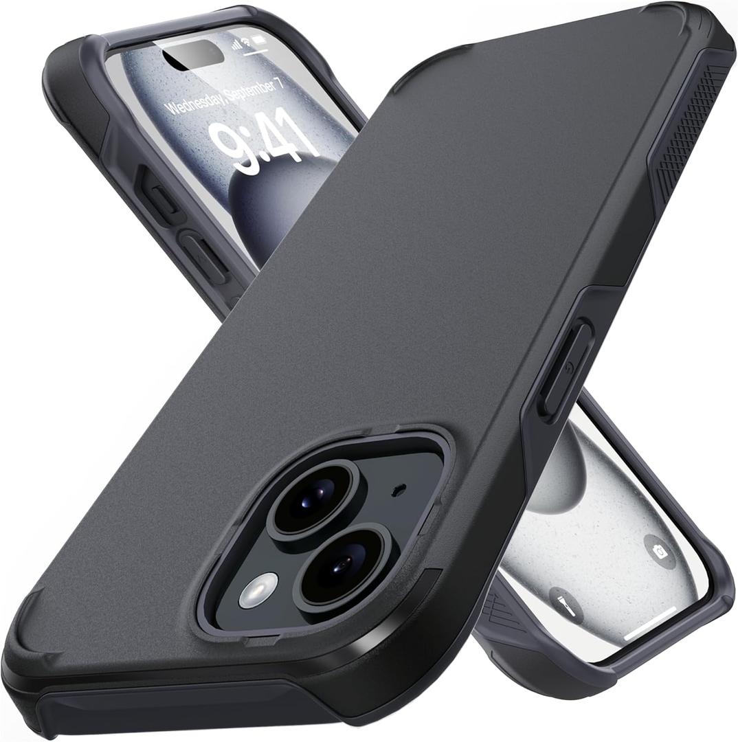 TEAM LUXURY Case for iPhone 15, 6.1 Inch [Military-Grade Drop Protection] Shockproof Rugged Protective Phone Cover, Non-Slip Grip - Wireless Charging Compatible - (Black)