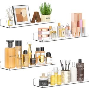 Qukaka Floating Shelves for Wall Decor, 15" Extra Clear Wall Shelves for Bedroom, Living Room, Kitchen, Bathroom Decor, Nail Polish/Book/Decoration/Makeup/Perfume Organizer Floating Shelf-4Pack
