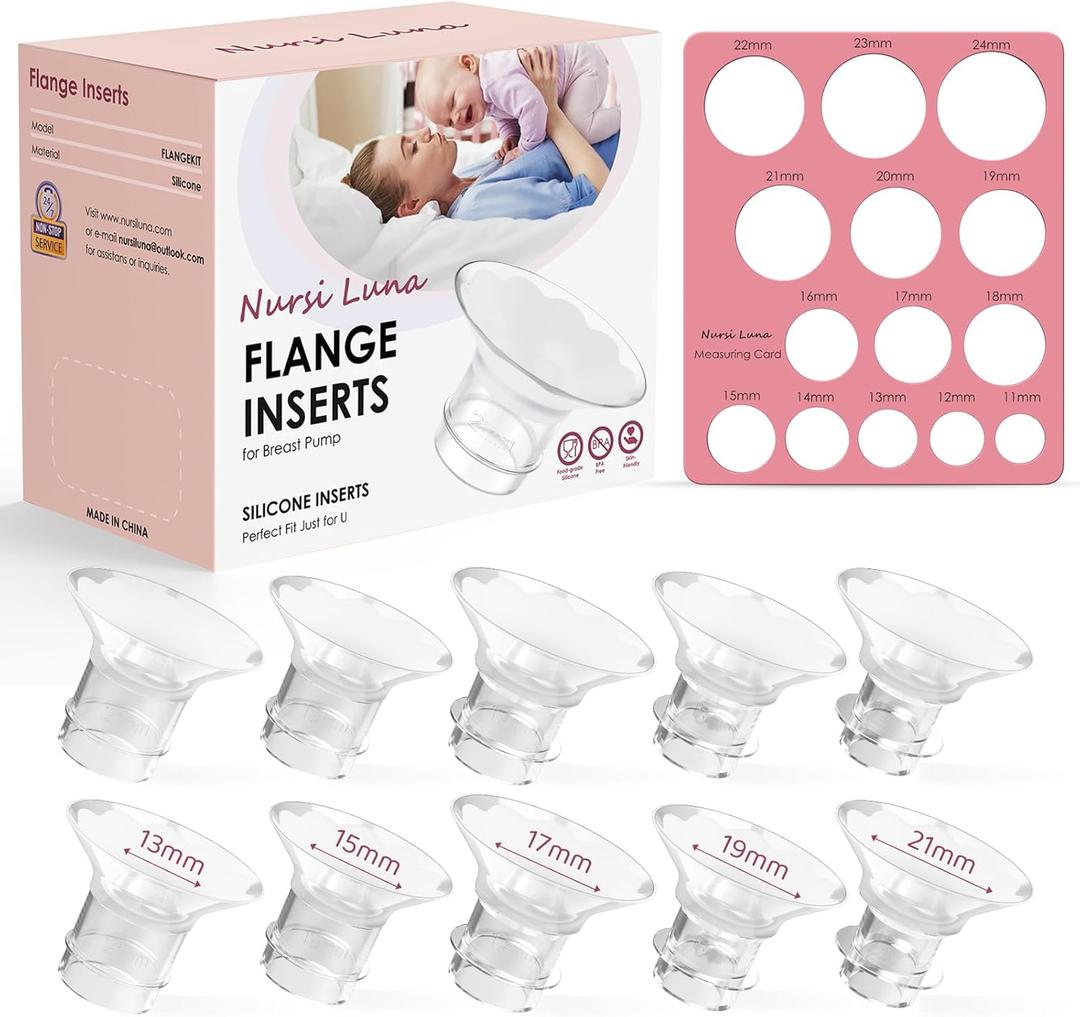 Flange Sizing Kit with 10PCS Flange Inserts 13/15/17/19/21mm, Silicone Breast Pump Flange Insert Kit for 24mm Flanges/Shield Breast Pumps, Pumping Essentials Kit for Moms
