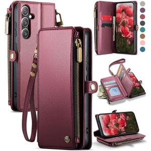 Defencase for Galaxy S25 Case Wallet with RFID Blocking Card Holder for Women Men, Elegant PU Leather Magnetic Snap Flip Wrist Strap Zipper Wallet Phone Cases for Samsung Galaxy S25 5G 6.2", Wine Red