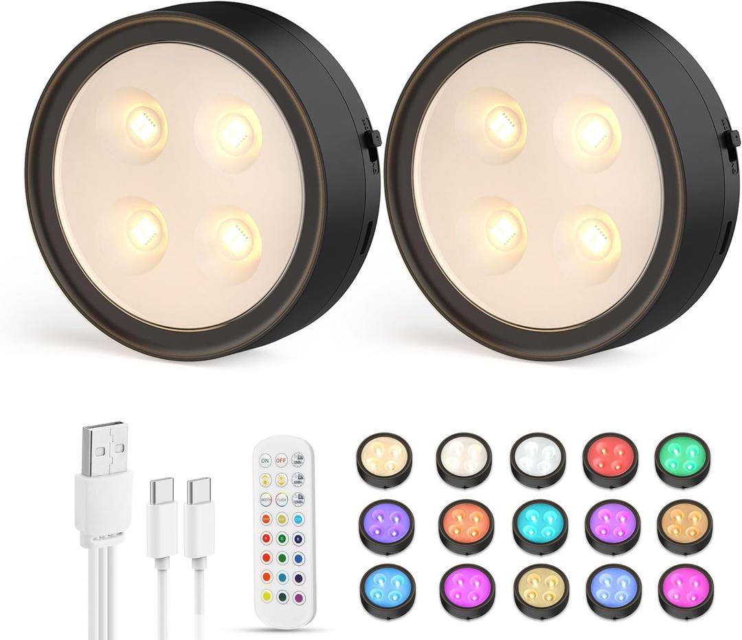 Onumii Puck Lights with Remote Rechargeable Under Cabinet Lighting 1200mAh Colors Changing Lights Magnetic Stick on Lights for Kitchen, Counter, Shelves, Closet (2Pack Black)