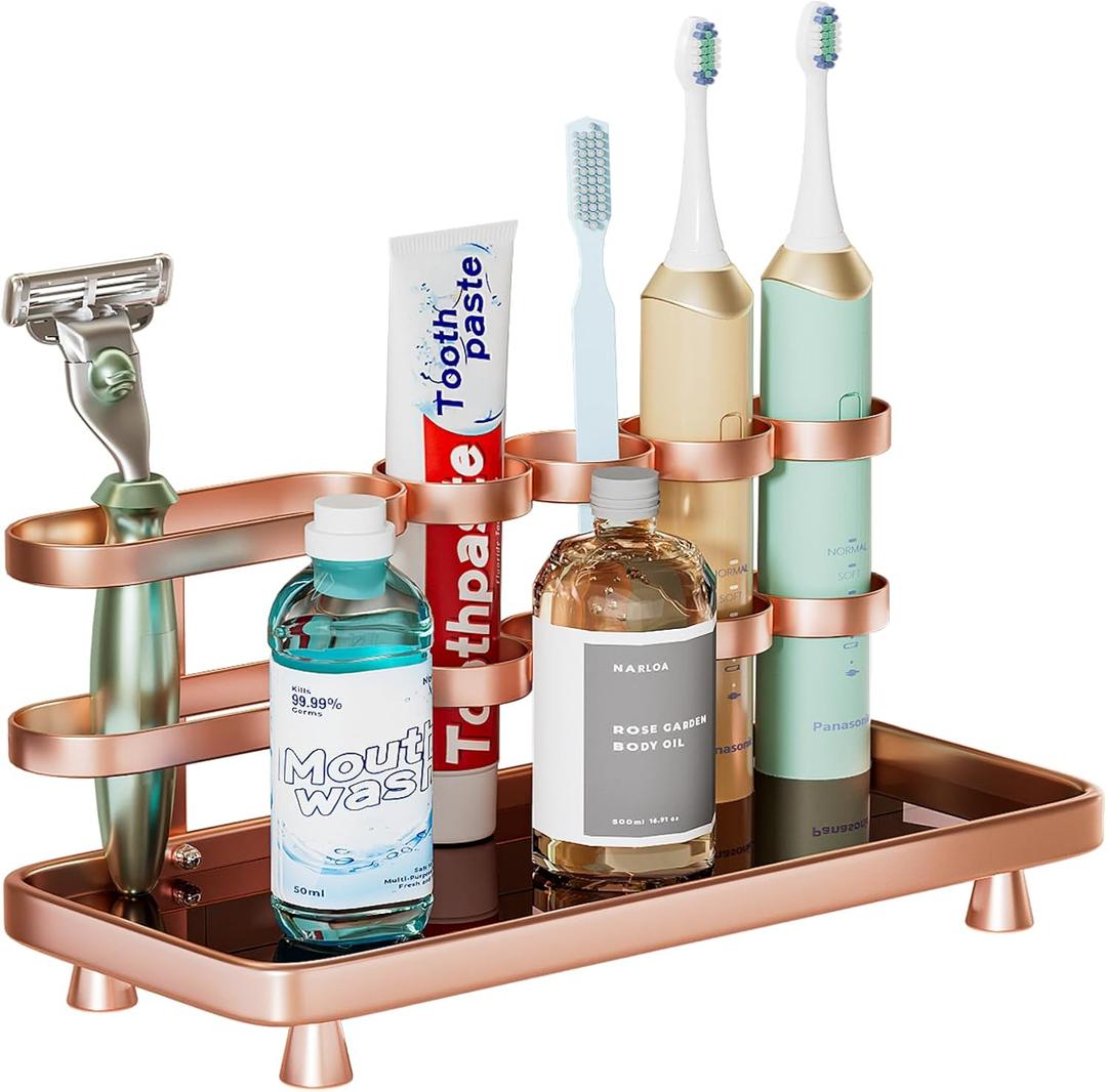 Electric Toothbrush Holder for Bathroom Countertop 5 Metal Slots Toothpaste Razor Mouthwash Organizer, Rose Gold