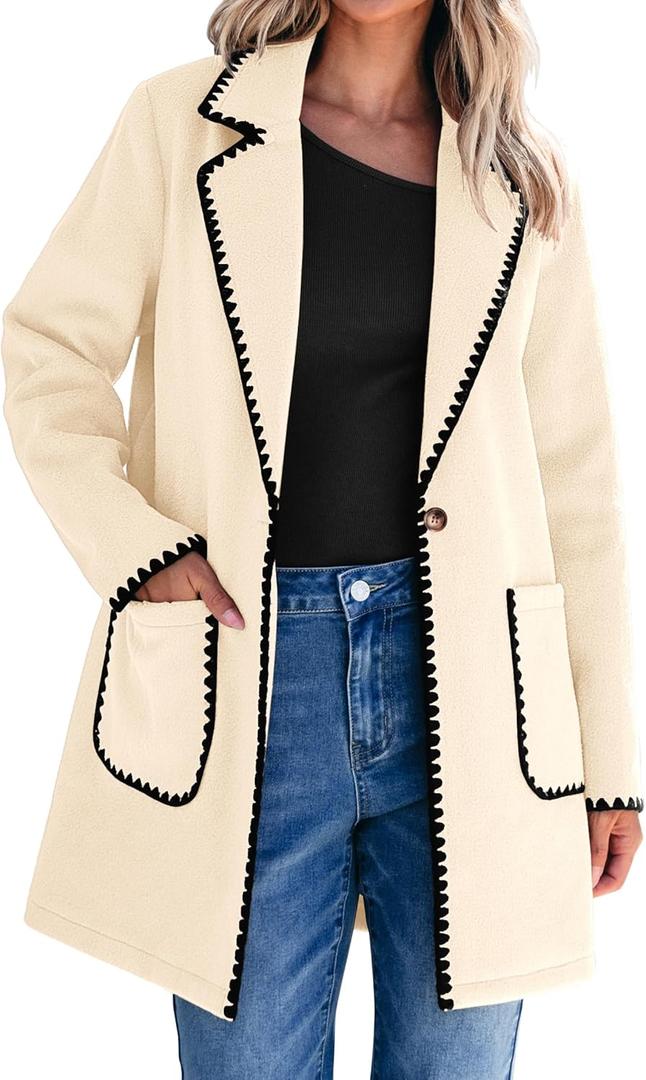 luvamia Pea Coats for Women Trendy Embroidered Contrast Trim Long Peacoat Jackets Lapel Button Winter Coat with Pockets (X-Large, Light Beige)