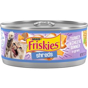 Purina Friskies Shreds Turkey and Cheese Dinner in Gravy High Protein Wet Cat Food - (Pack of 24) 5.5 oz. Cans (EXP 07/26/28)