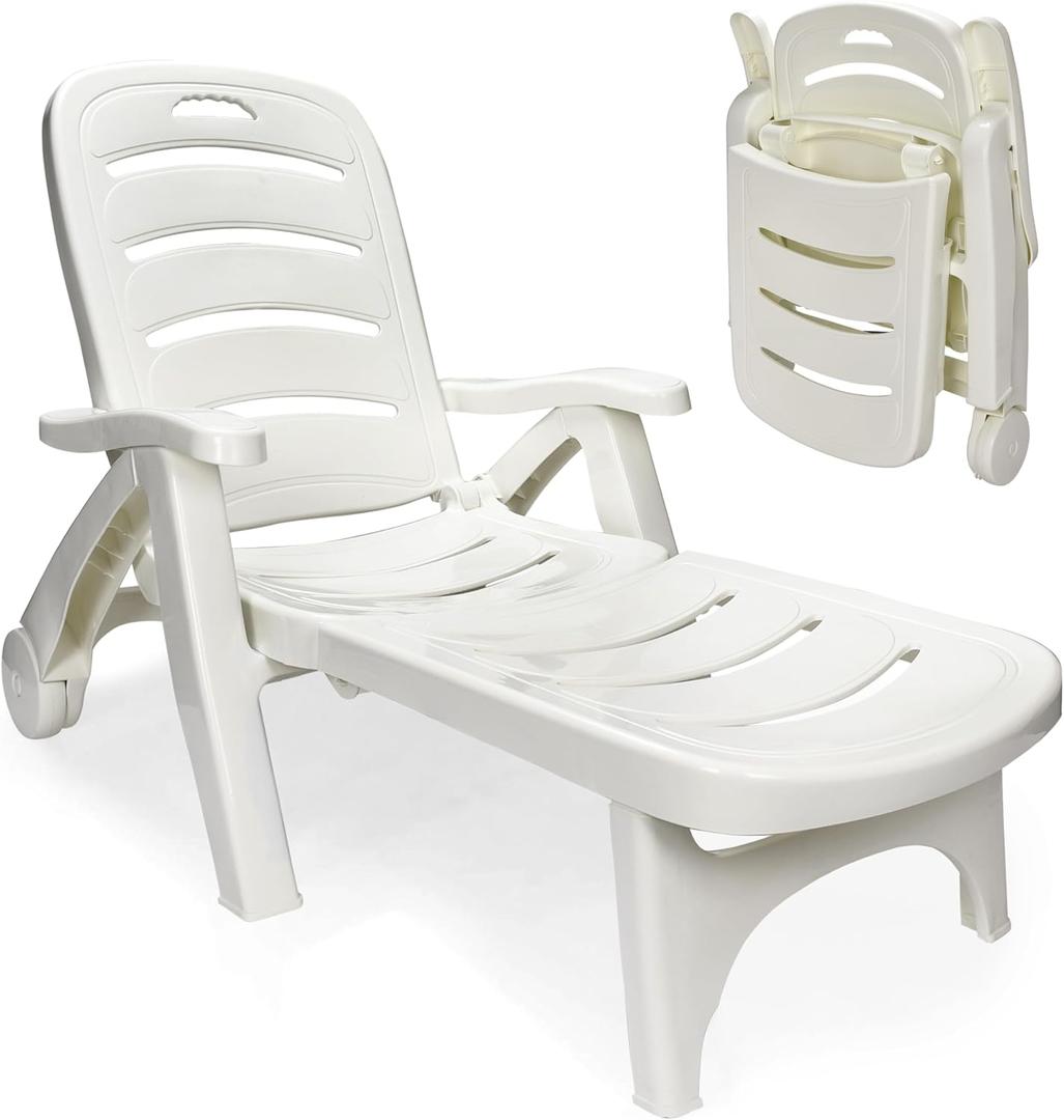 Wild Wolf Outfitters Outdoor Folding Lounge Chair - Adjustable Lightweight Chaise Pool Chairs - Plastic Chairs for Patio, Lawn, Deck or Beach- Outdoor Furniture - White, Chaise Lounge Outdoor