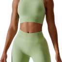 ABOCIW Workout Sets for Women 2 Piece Seamless Ribbed Tank Top Sport Bra High Waist Biker Shorts GYM Yoga Exercise Outfits (Medium, Light Green)