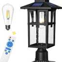 Solar Outdoor Post Light, HWH Dusk to Dawn Solar Lamp Post Light with Pier Mount Base, Exterior Pillar Lantern Pole Lamp with Seeded Glass Shade, 5HX62PM-SL BK, 18 Inch