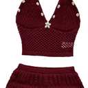 GORGLITTER Women's Summer Vacation Outfits Crochet Knit Halter Crop Tops Mini Shorts Going Out Beach Resort Wear (Red), M