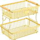 2 Tier Fruit Basket for Kitchen Counter with 2 Banana Hangers, Countertop Metal Fruit Bowl with Wooden Handle, Large Storage Stand for Vegetables, Snacks, Breads, Produce Storage  Gold