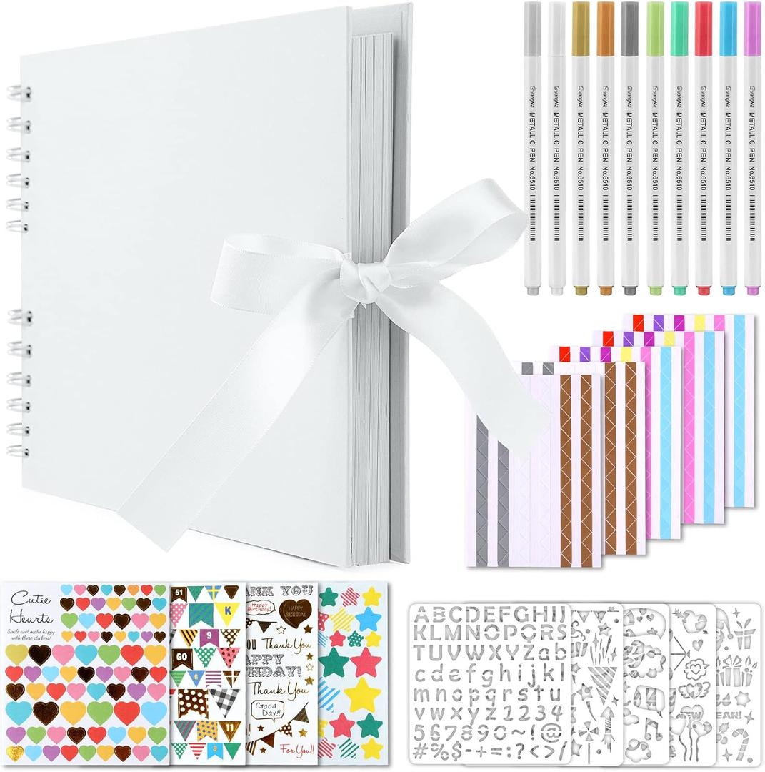 Gotideal 80 Pages Scrapbook Album with 10 Metallic Markers, Craft Paper Photo Album for Wedding and Anniversary, Family DIY Scrapbook Accessories with Scrapbooking Stickers Corners(White), 11.5*8.5 Inches 80Pages